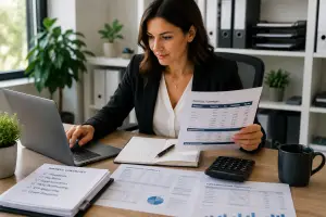 Payroll specialist reviewing employee payroll records and compliance reports