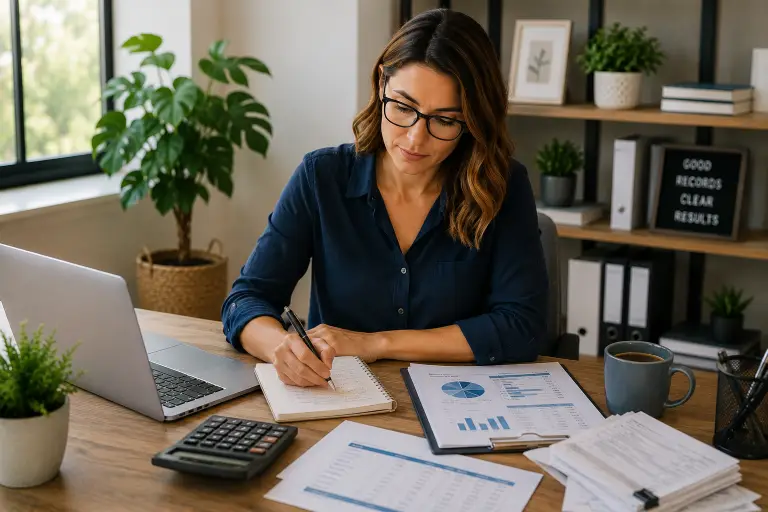 Small business owner receiving professional bookkeeping assistance and financial reporting advice
