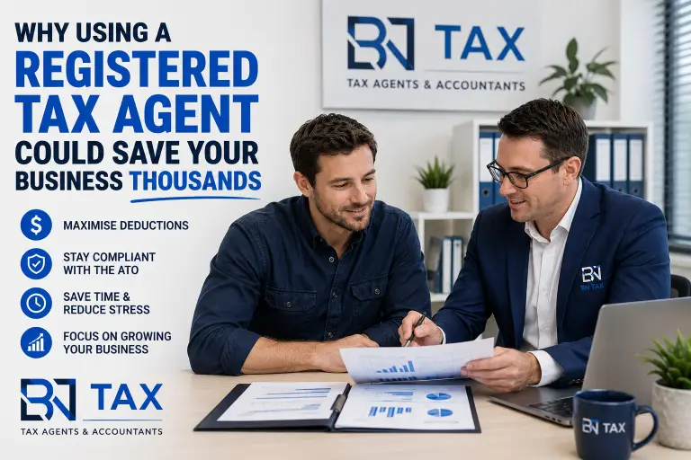Small business owner meeting with a registered tax agent to discuss tax planning and deductions.