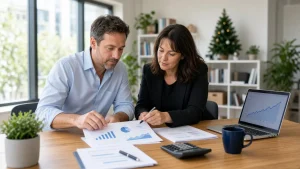 Two small business professionals, a man in a light-blue shirt and a woman in a black blazer, reviewing printed cash flow charts at a wooden desk with a laptop showing a rising graph, a calculator, a navy mug and a small Christmas tree on the shelf behind them