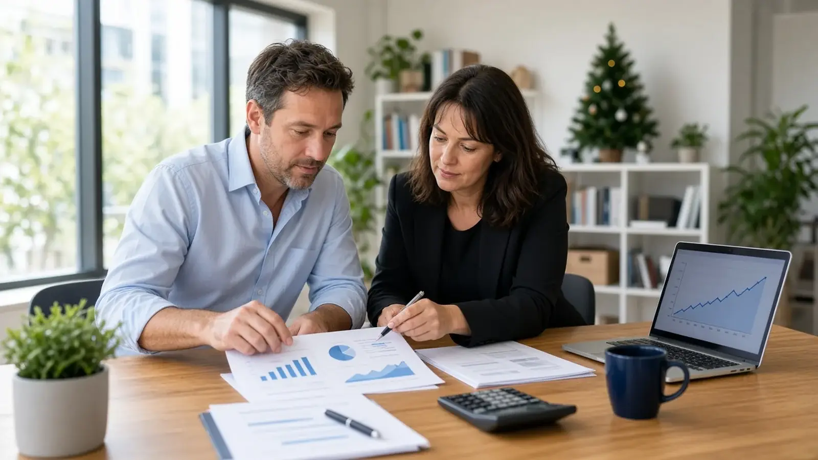 Two small business professionals, a man in a light-blue shirt and a woman in a black blazer, reviewing printed cash flow charts at a wooden desk with a laptop showing a rising graph, a calculator, a navy mug and a small Christmas tree on the shelf behind them